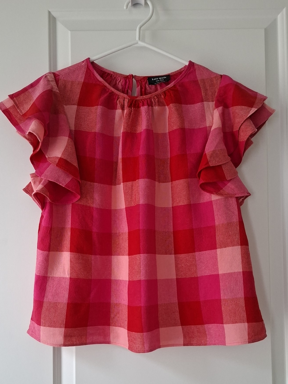 Kate Spade Pink & Red Gingham Ruffle Blouse Short Sleeve Top Linen Viscose